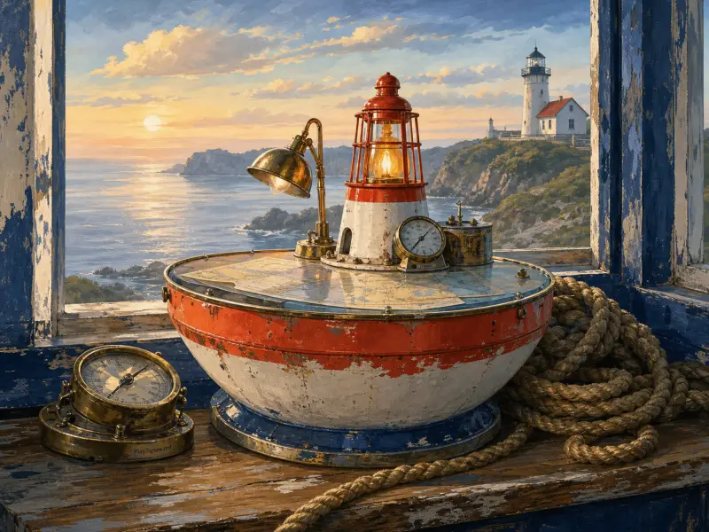 A miniature lighthouse lamp, compass, and thick rope sit on a weathered window ledge overlooking an ocean sunset.