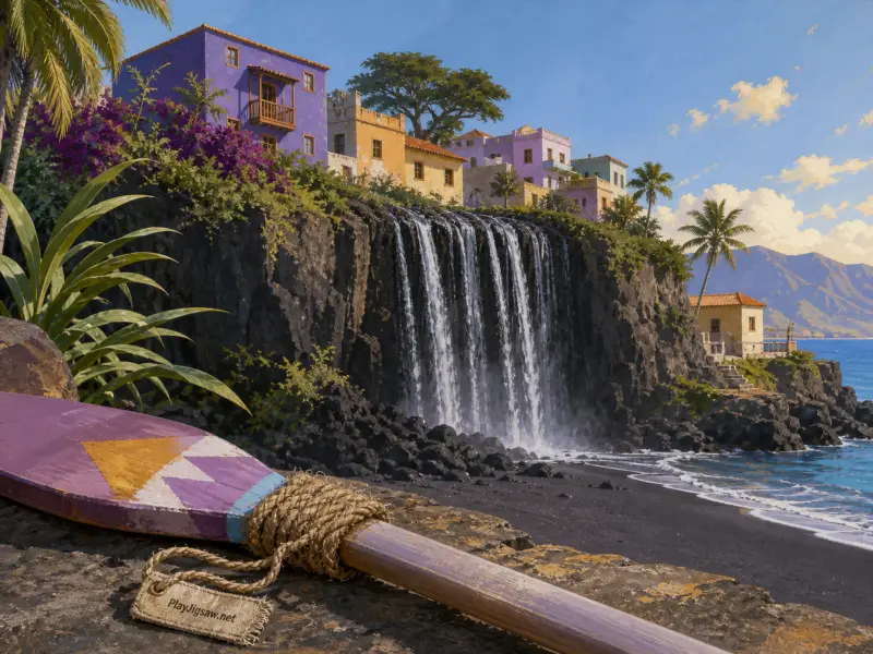 A waterfall cascades down dark volcanic cliffs to a black sand beach beneath colorful village houses and palm trees.