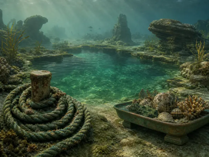 Underwater rocky lagoon with sunlight filtering down onto a coiled mooring rope and a tray of sea shells.