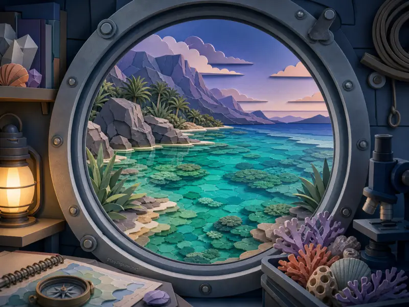 A ship cabin porthole framing a view of a shallow turquoise reef, palm trees, and volcanic hills.
