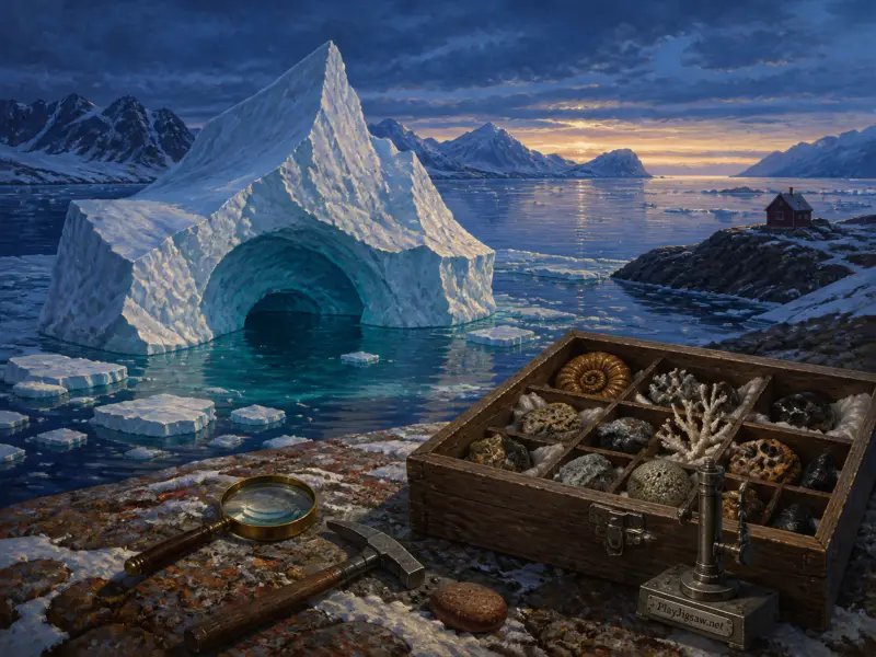 A towering iceberg with an archway in arctic waters beside a rocky shore with a wooden box of fossils and tools.