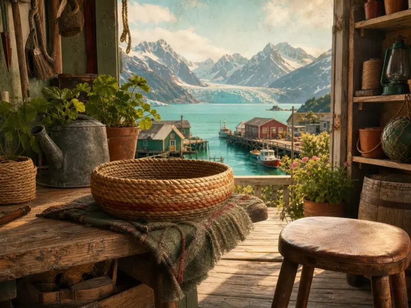 A rustic wooden workshop porch with a woven basket looking out at a scenic fjord, village huts, and snowy mountains.