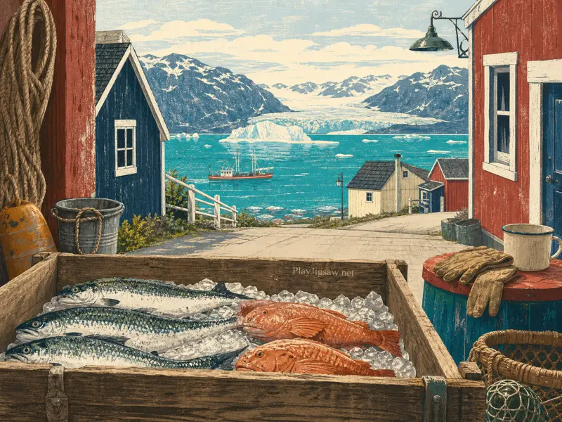 Fresh fish resting on ice in a wooden crate overlooking a Nordic harbor with icebergs and snowy mountains.