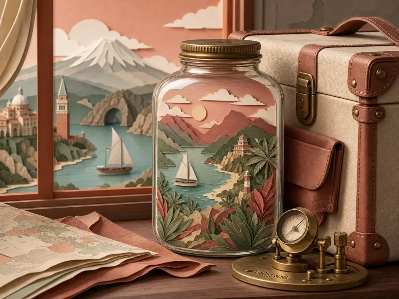 A miniature papercraft coastal scene inside a glass jar sitting on a desk with a vintage suitcase and maps.