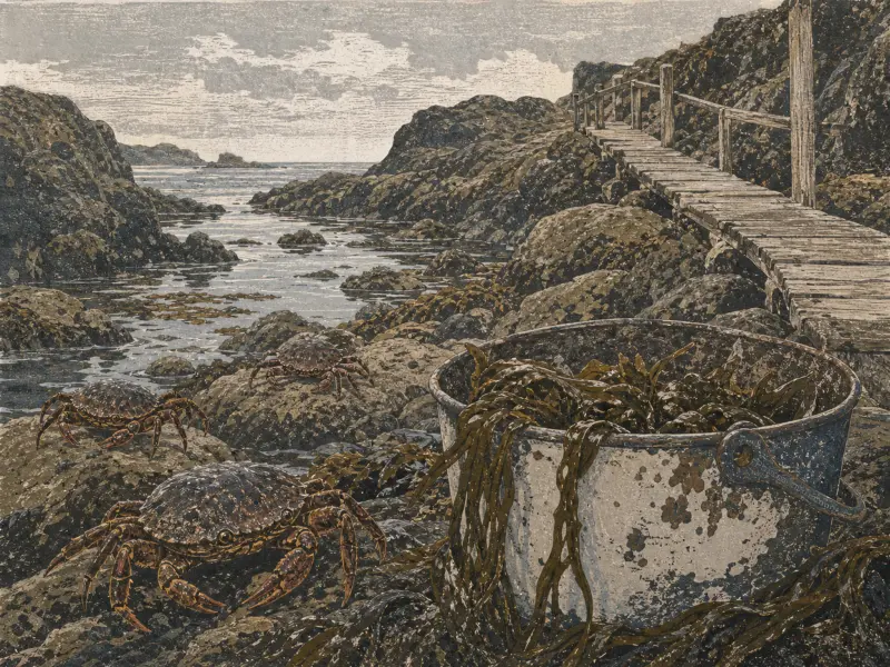 Several crabs crawling on rocky coastal shores next to a weathered bucket overflowing with seaweed beside a walkway.
