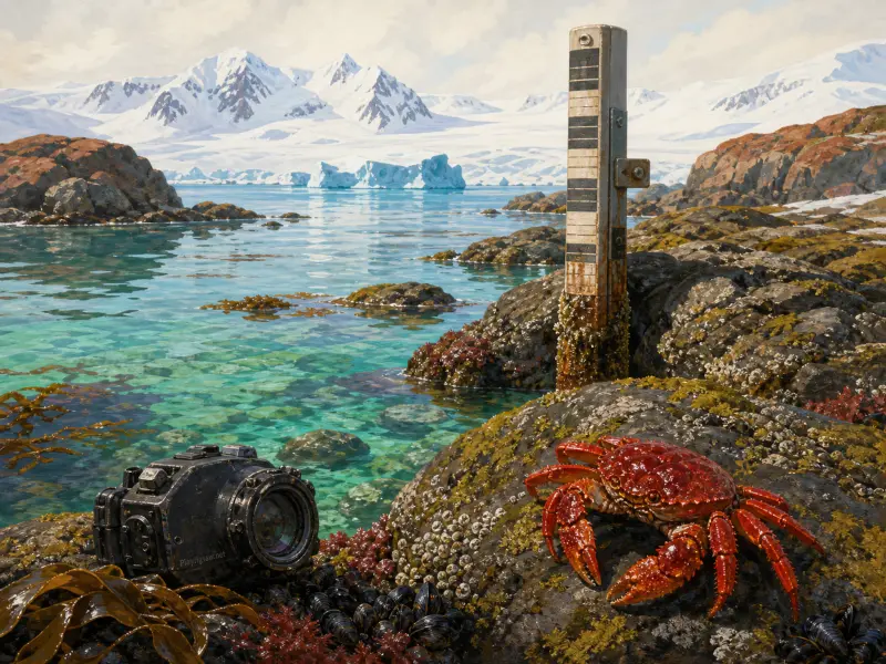 A red crab and an underwater camera sit on rocky shores facing turquoise waters and snowy mountains.