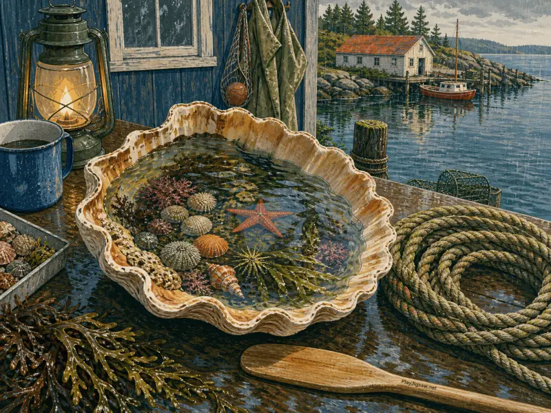 A giant clam shell filled with seawater, starfish, and sea urchins sits on a rainy harbor dock beside a coiled rope.