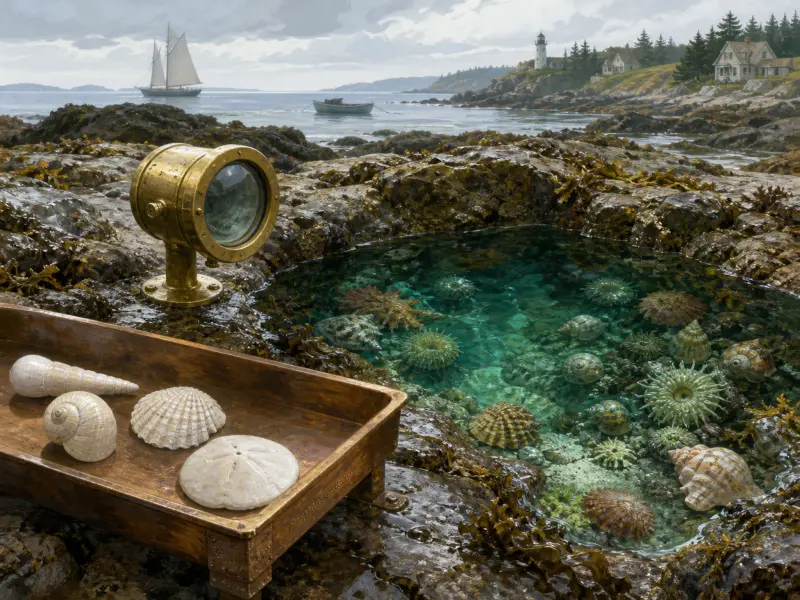 A clear rocky tide pool full of sea anemones and shells sits beside a brass viewer overlooking a coastal lighthouse.
