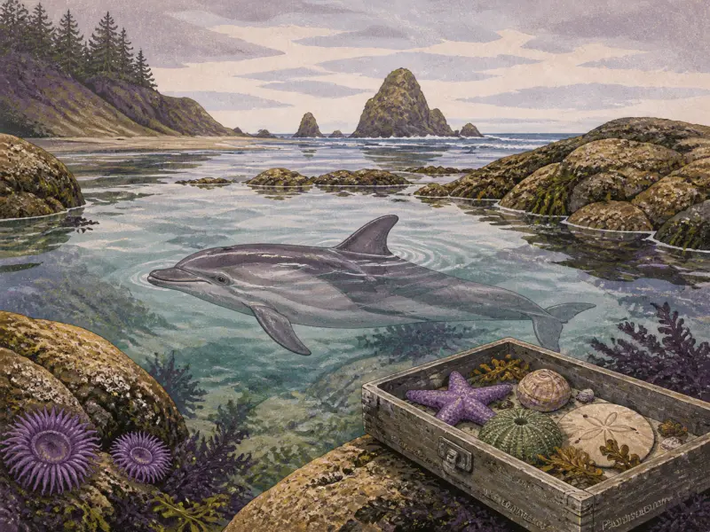 A dolphin swims in clear coastal waters near a wooden tray filled with a starfish, sea urchin, and sand dollar.
