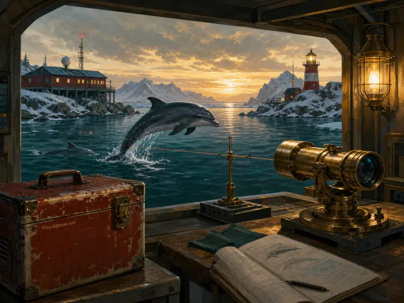 A dolphin leaps from icy waters seen through a research room window with a brass telescope and distant lighthouse.