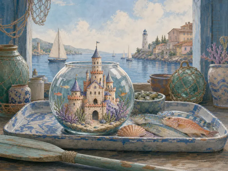 A miniature castle inside a glass fishbowl rests on a windowsill tray overlooking a sunny harbor with sailboats.