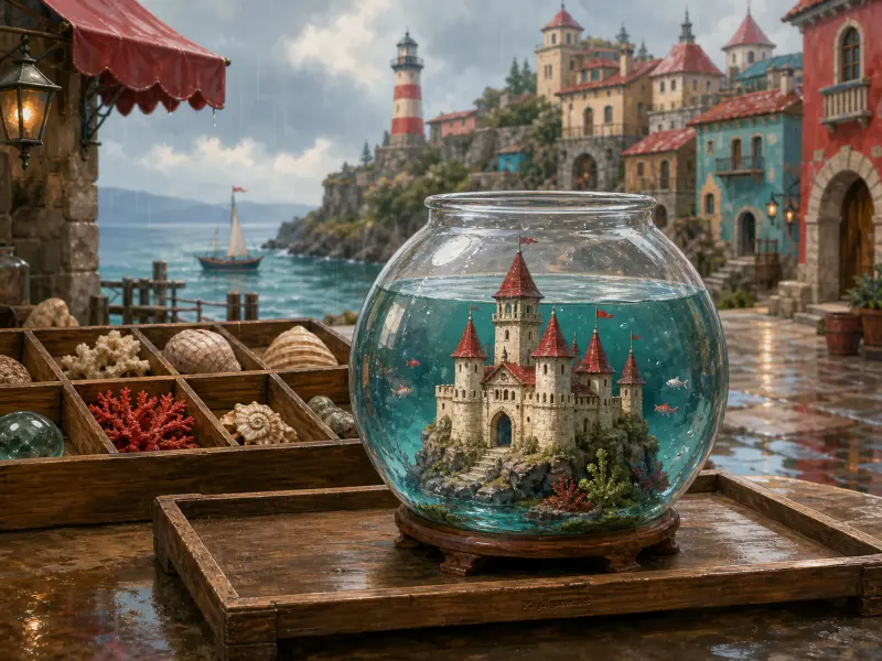A miniature castle submerged inside a glass fishbowl on a wet table overlooking a rainy coastal harbor town.