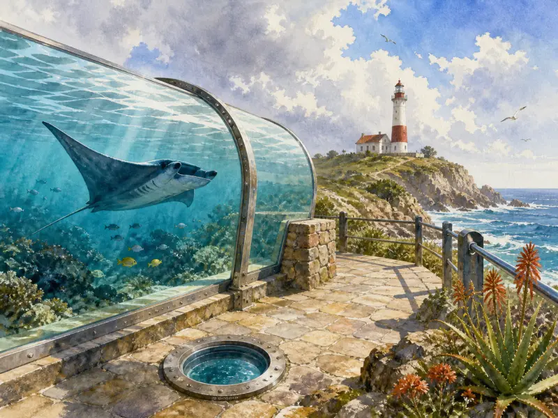 A glass aquarium tunnel showing a manta ray beside a stone coastal path leading to a distant lighthouse.