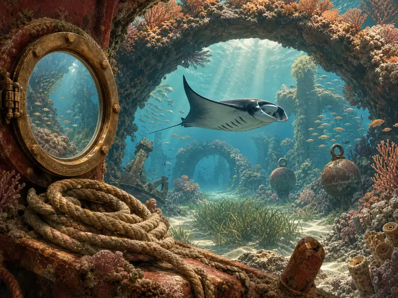 A manta ray glides through underwater stone ruins framed by a vintage brass ship porthole and coral arch.