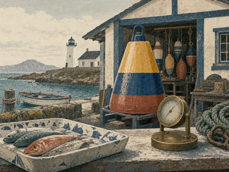 Fresh fish in a patterned tray and a brass marine gauge sit beside a large striped buoy near a harbor lighthouse.