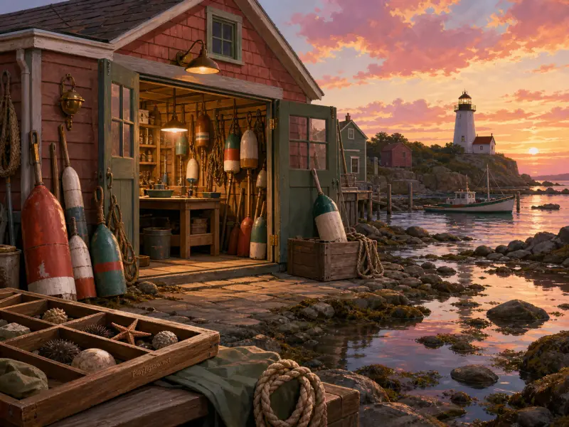 Open harbor shack filled with colorful buoys on a rocky shore facing a distant lighthouse at sunset.