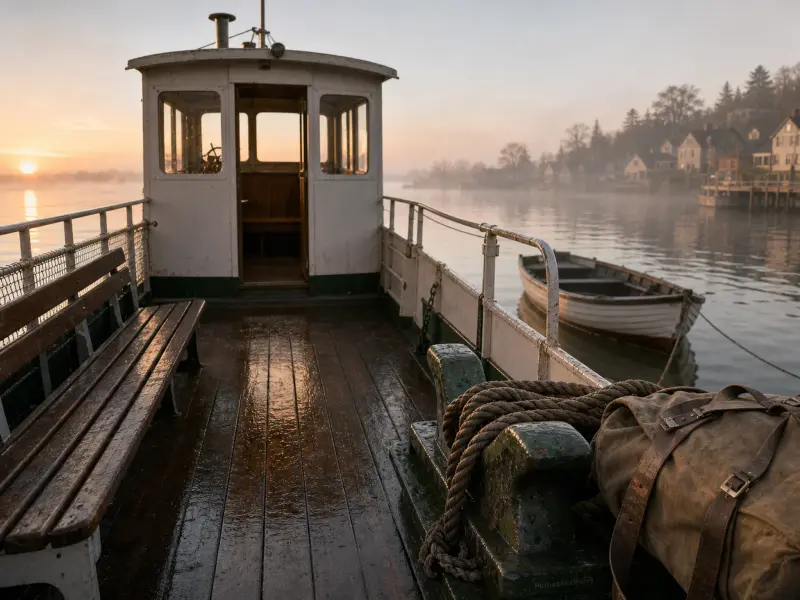 Looking along the wet wooden deck of a boat toward a small cabin as mist rises over calm harbor water at sunrise.