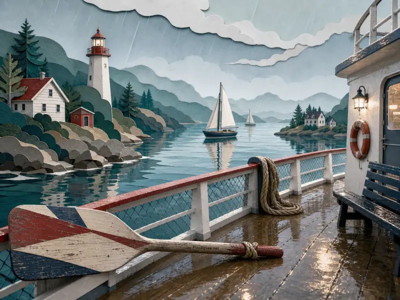 Rainy coastal view from a wet boat deck overlooking sailboats, a rocky shore, and a tall lighthouse.