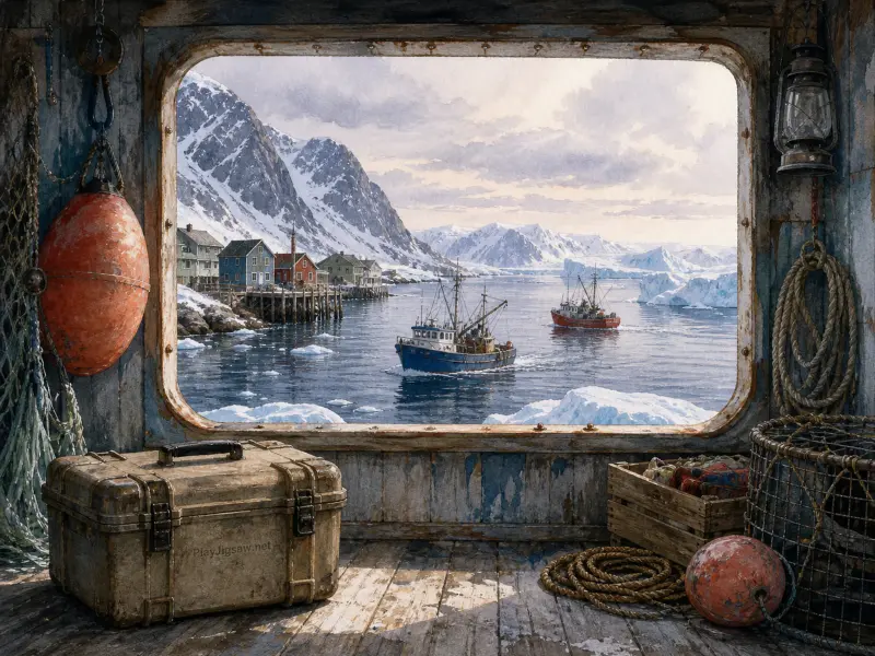 A cabin window looks out onto fishing boats navigating an icy harbor beneath snowy mountains.