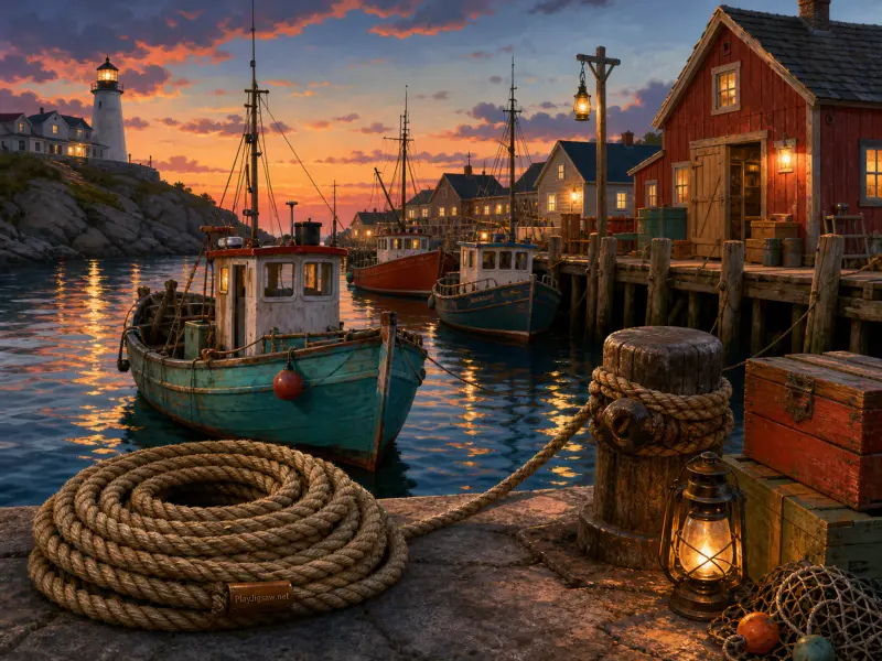 Fishing boats moored by a wooden pier with glowing lanterns, coiled rope, and a distant lighthouse at sunset.