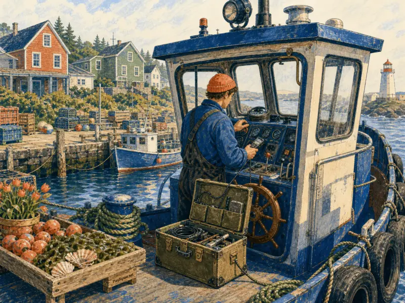 A fisherman at the helm of a blue boat looking out over a harbor with coastal houses and a lighthouse.