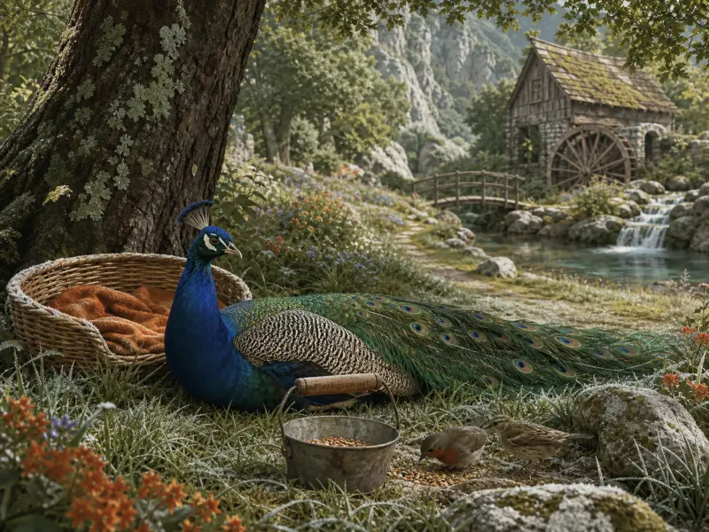 A colorful peacock rests on green grass near a wicker basket, two small birds, and a scenic watermill.