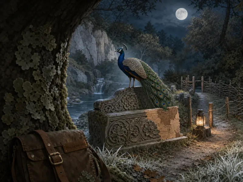 A peacock stands atop a carved stone bench on a moonlit woodland path near a glowing lantern.