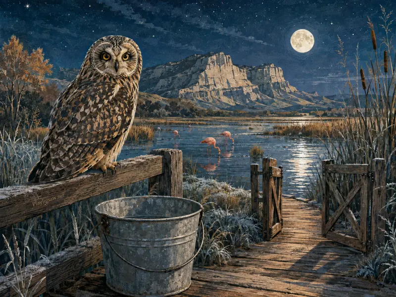An owl perches on a wooden dock railing beside a bucket, overlooking wading flamingos in a moonlit mountain lake.