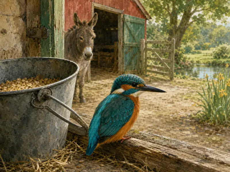 A vibrant blue kingfisher perches on a wooden rail next to a metal bucket while a donkey watches outside a red barn.