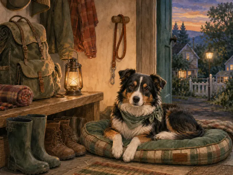 An Australian Shepherd rests on a dog bed in a cozy entryway beside hiking boots and an open door to a quiet village.