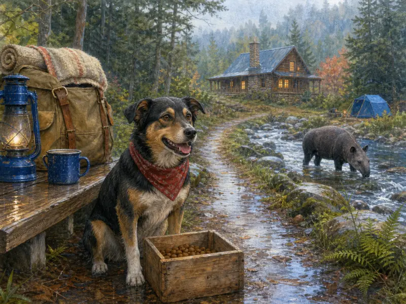 A smiling dog wearing a red bandana sits on a wet forest path near a lantern, creek, and log cabin.