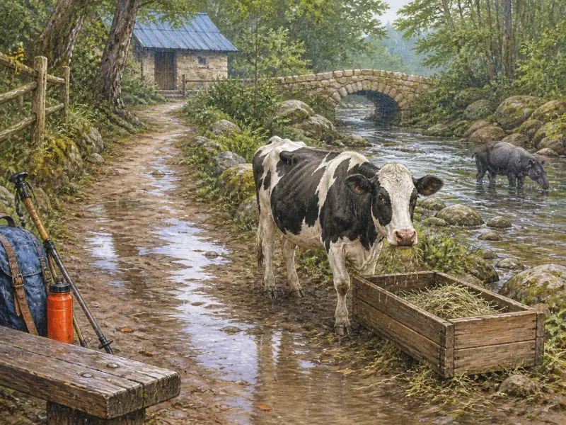 A black-and-white cow eats from a wooden trough on a wet trail beside a stone bridge and stream.
