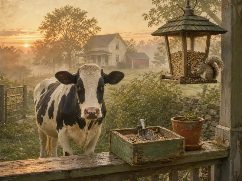 A black-and-white cow and a squirrel on a rustic wooden porch overlooking a misty farm at sunrise.