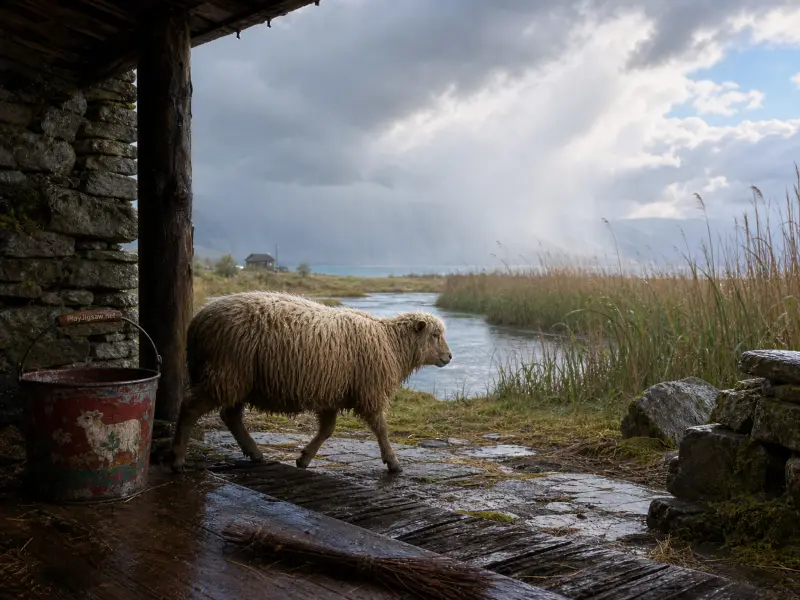 A woolly sheep walks past a rustic stone doorway overlooking a stream, tall reeds, and rainy skies.