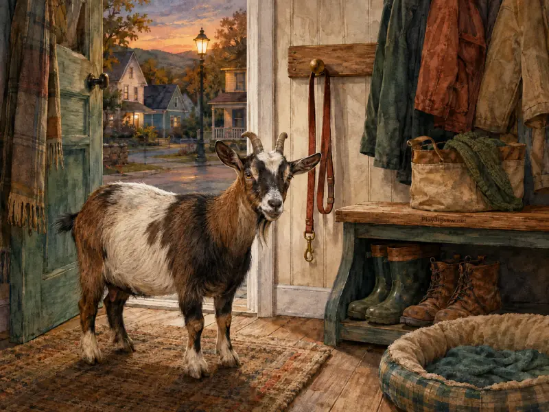 A horned goat stands in a home entryway looking toward the viewer with an open door showing a village at dusk.