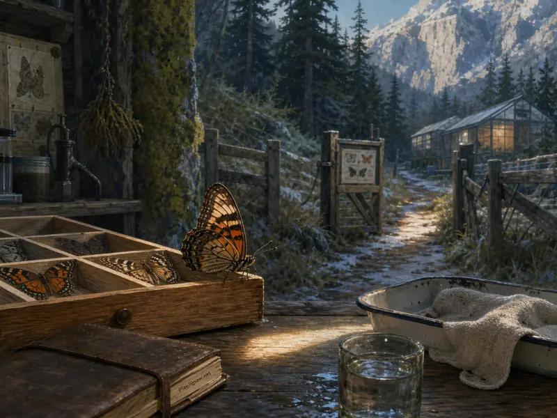 A patterned butterfly rests on a wooden tray atop an outdoor desk overlooking a pine forest and rocky mountains.