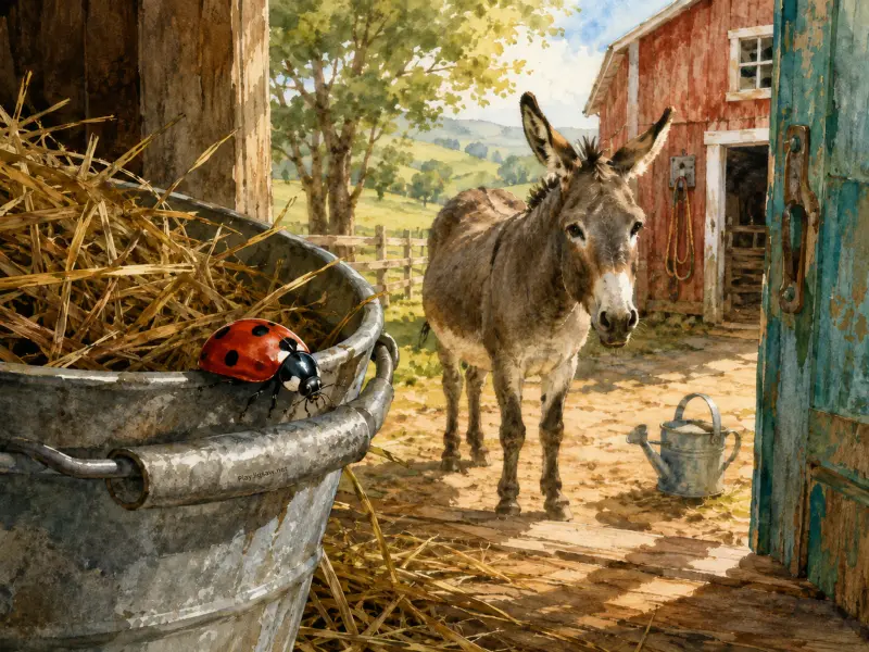 A red ladybug crawls on a metal tub near a donkey standing outside a red barn.