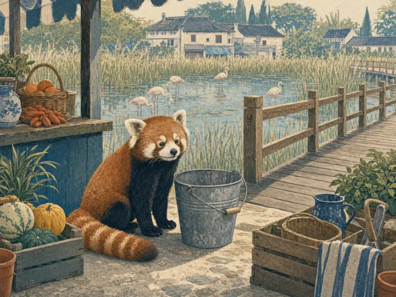 A red panda sits on a stone pier beside a bucket and produce crates, with flamingos wading in a marsh behind it.