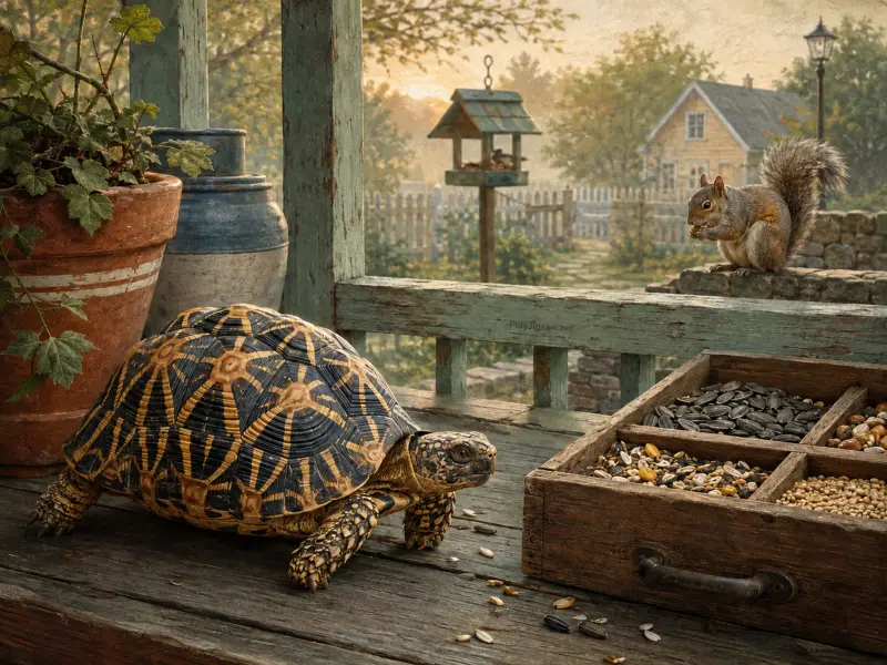 A star tortoise crawls on a wooden porch beside a seed tray while a squirrel sits on a stone wall in the background.