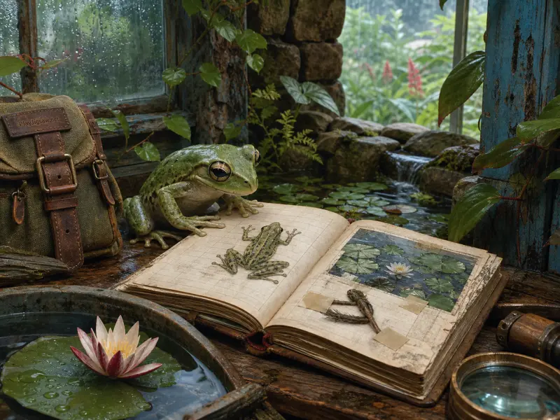 A green frog rests on a wooden desk beside an open illustrated nature journal and a pink water lily.