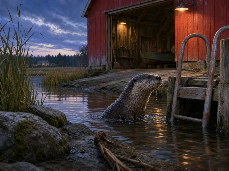 An otter swimming in calm water beside a wooden dock and an illuminated red boathouse at twilight.