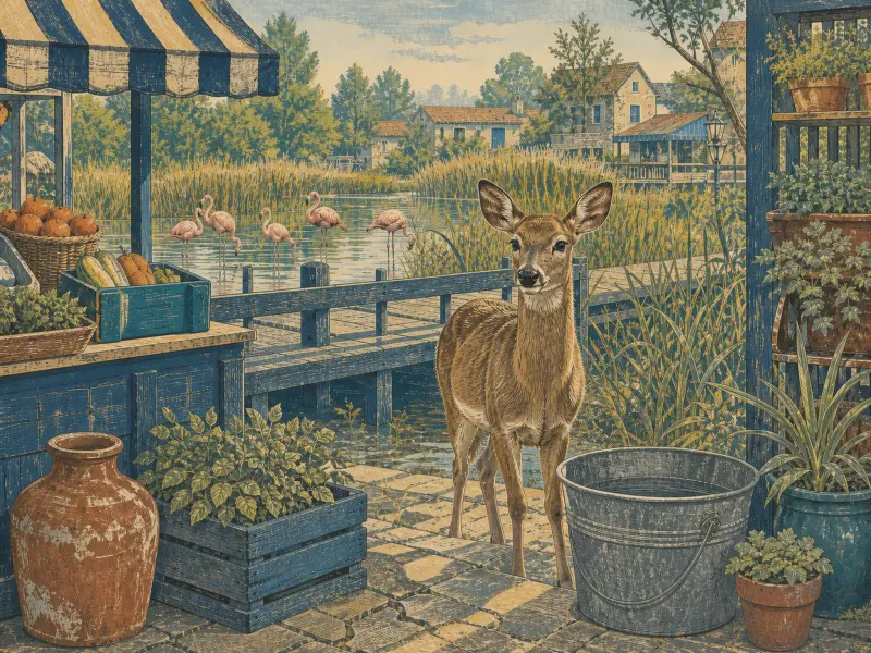 A deer stands on a stone patio beside a blue market stall, overlooking a pond where pink flamingos wade near reeds.