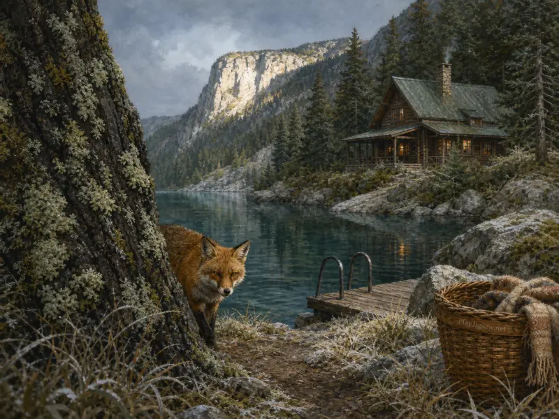 A red fox peeks behind a large tree by a tranquil mountain lake with a cozy cabin and wooden dock.