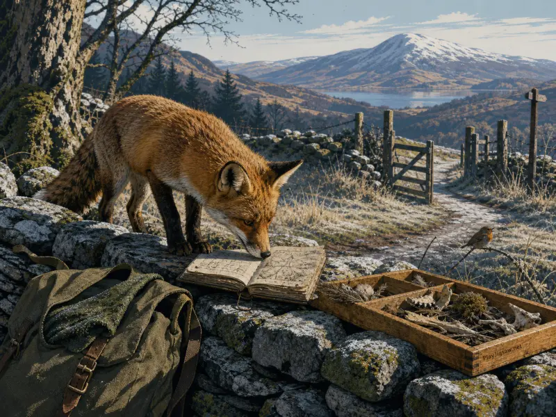 A red fox sniffs an open notebook on a stone wall beside a backpack and wooden tray overlooking snowy mountains.