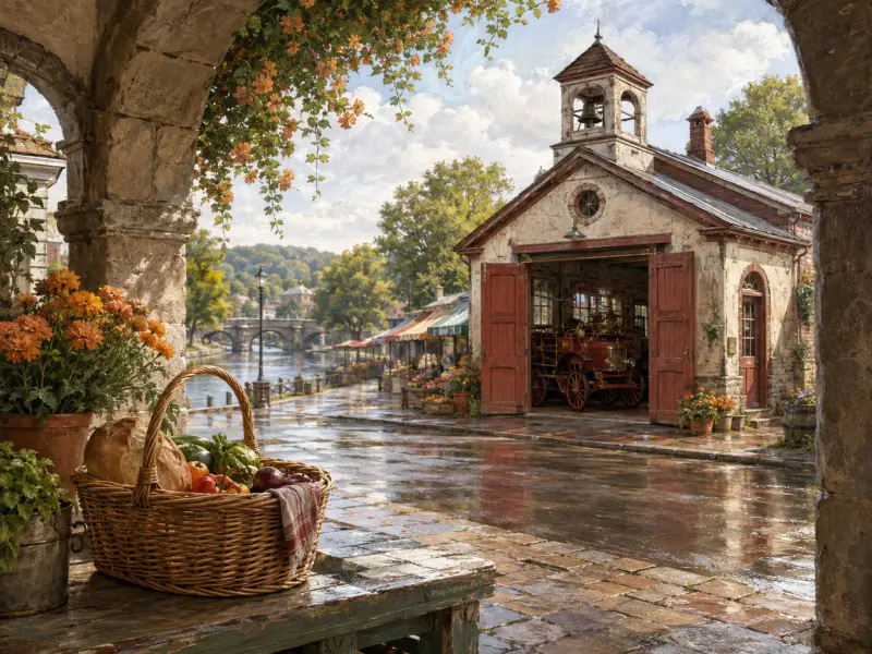 A stone firehouse with open red doors framed by an archway overlooking a river, market stalls, and a bread basket.