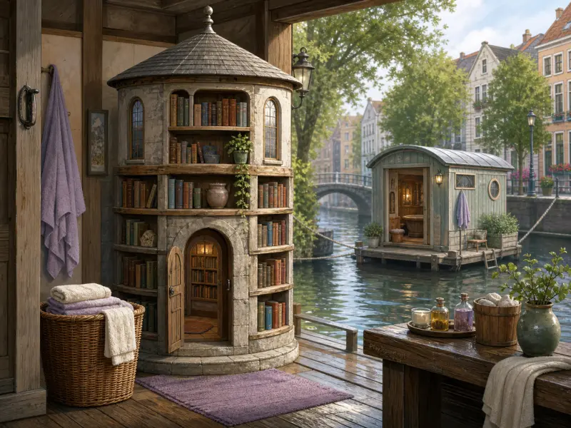 A miniature stone book tower and laundry basket on a wooden porch overlooking a canal and floating bathhouse.