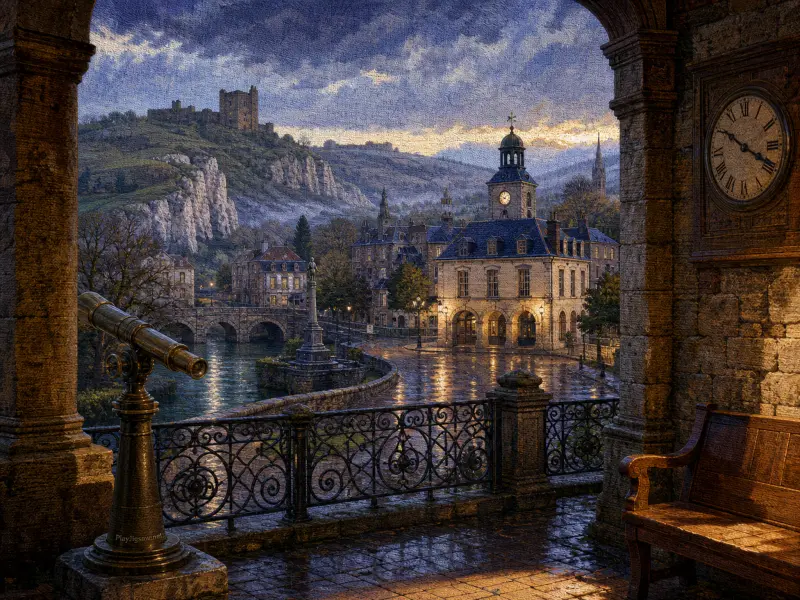 Stone terrace view overlooking a glowing riverside town hall, an arched bridge, and a distant hilltop castle at dusk.