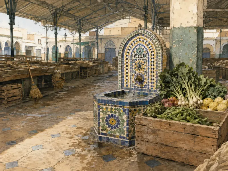 An ornate mosaic fountain stands beside fresh vegetables under a covered market arcade with wooden stalls.