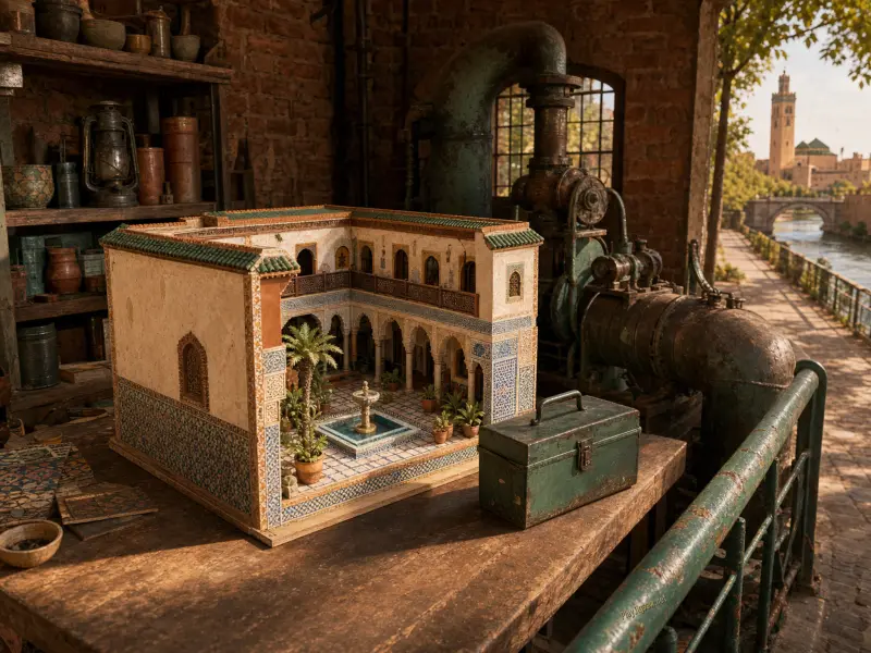 A miniature Moorish courtyard model and a green toolbox rest on a wooden table in a rustic riverside workshop.