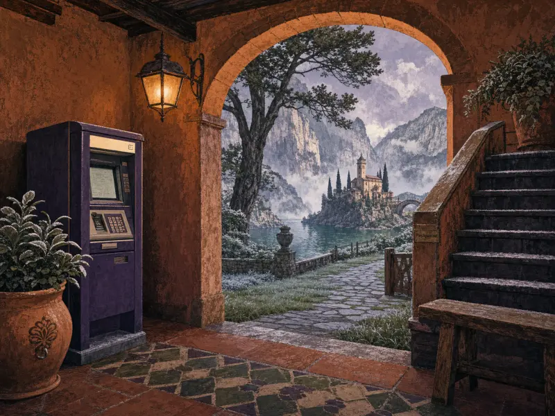 A purple ATM stands beneath an arched terracotta terrace overlooking a misty lake and castle.